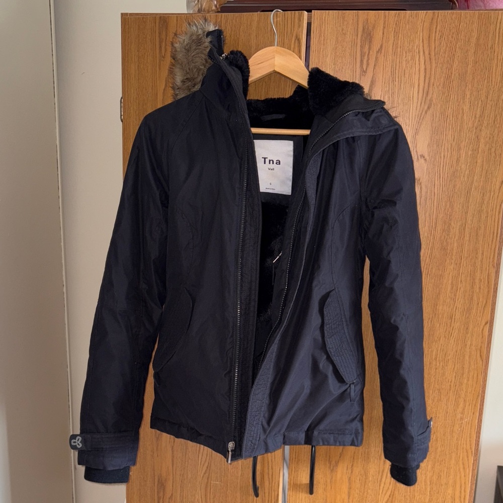 TNA womens Dark black Jacket with Fur Trim